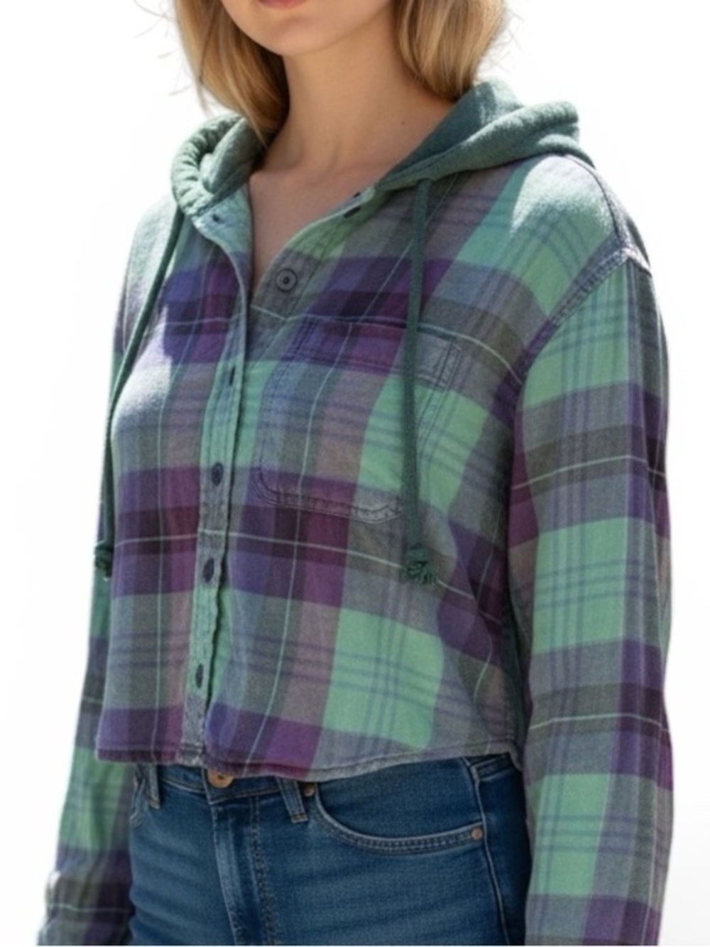 American Eagle Plaid Hooded Cropped Long Sleeve, green & purple, size XXS